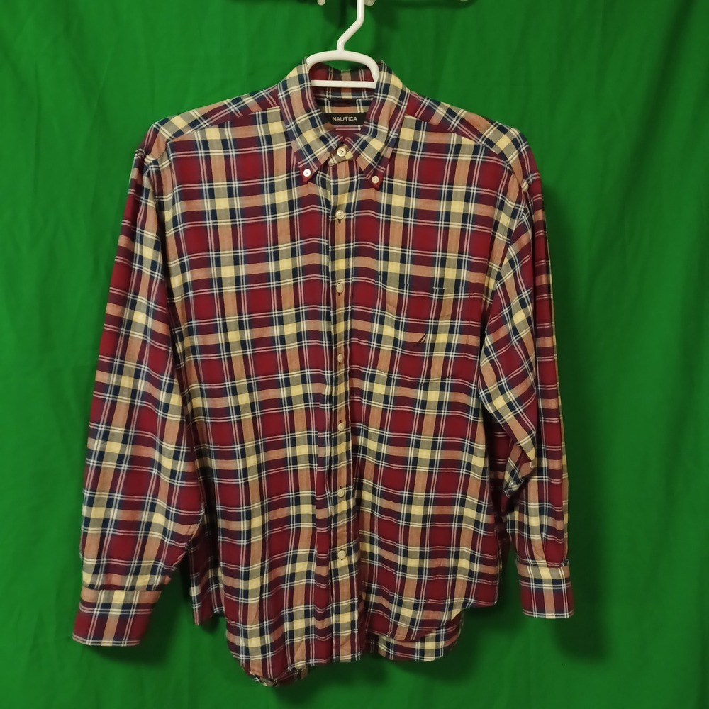 Nautica Mens Large Plaid Button Down Shirt‎ Red Blue Yellow Long Sleeve Cotton